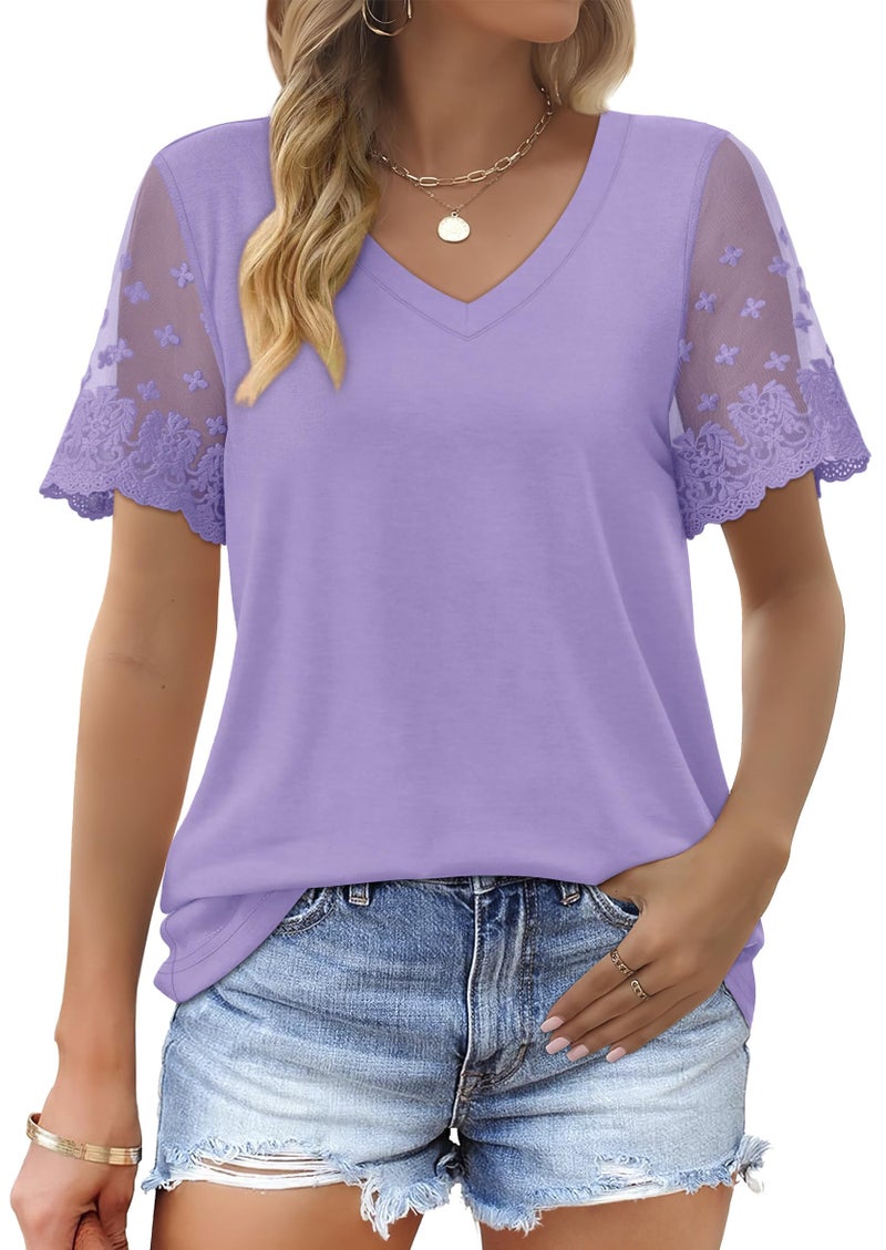 OFEEFAN Womens T Shirts Short Sleeve V Neck Curved Hem Loose Fit Summer Tops Lavender X-Large - Image 1