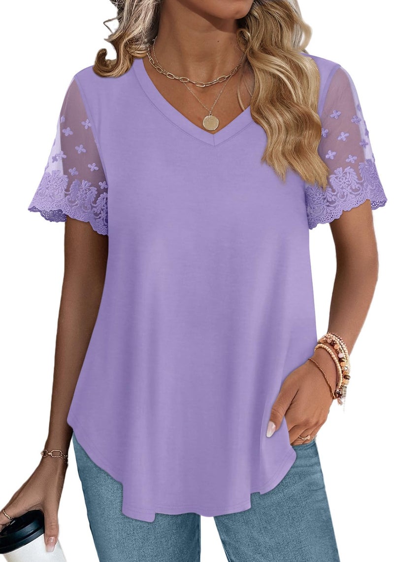OFEEFAN Womens T Shirts Short Sleeve V Neck Curved Hem Loose Fit Summer Tops Lavender X-Large - Image 4