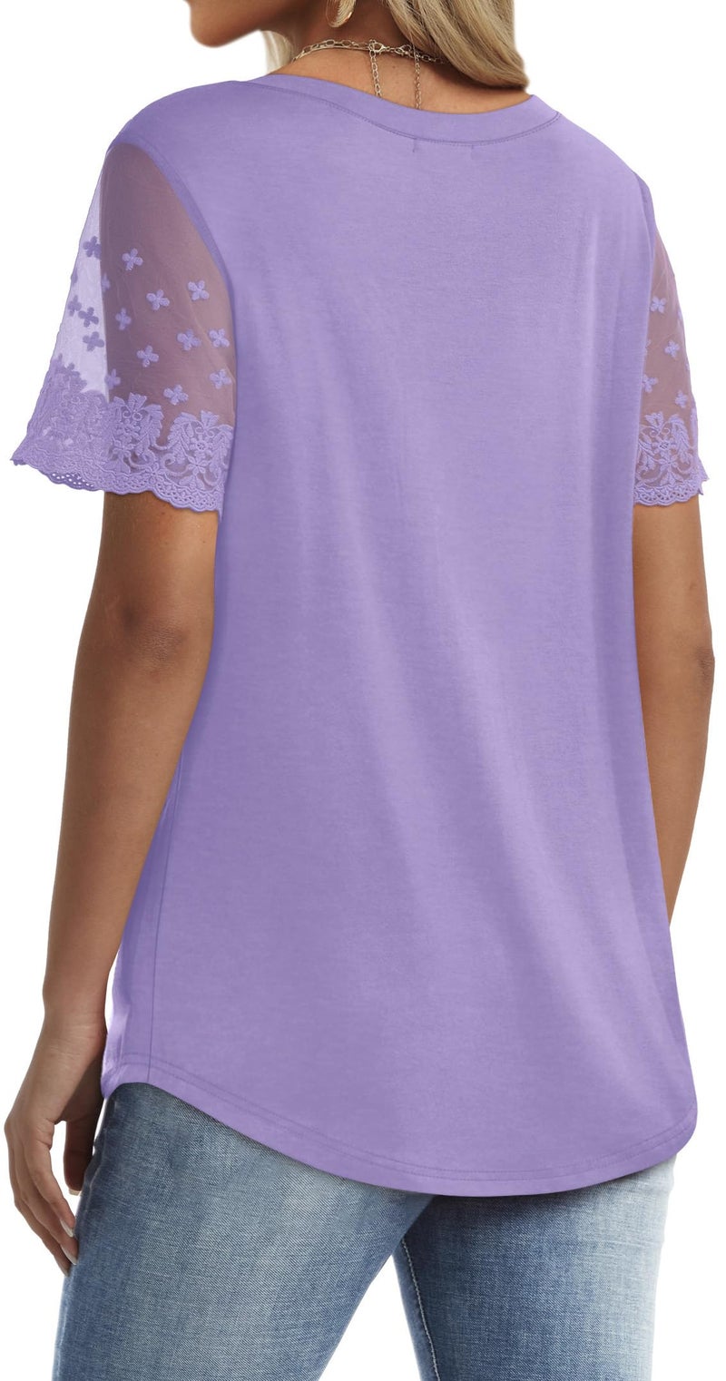 OFEEFAN Womens T Shirts Short Sleeve V Neck Curved Hem Loose Fit Summer Tops Lavender X-Large - Image 5