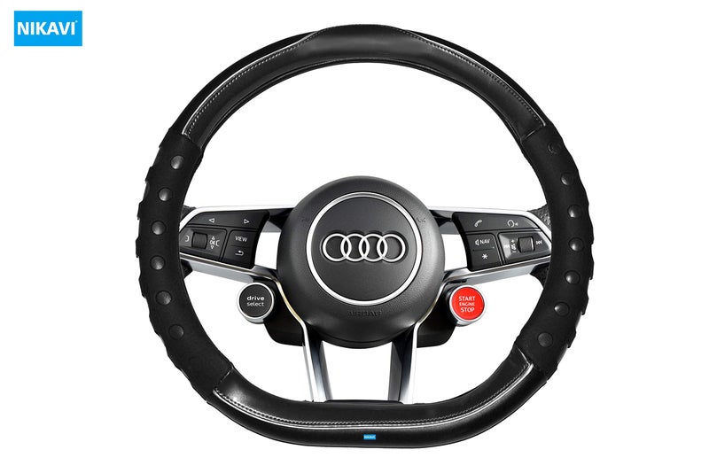 NIKAVI Fashion Steering Wheel Cover - Black Color | Size - Medium | Diameter 38 cm | D-Type | Car Steering Wheel Protector, Anti-Slip, Stylish Leather Finish Grip Cover for Flat Bottom Wheels - Image 3