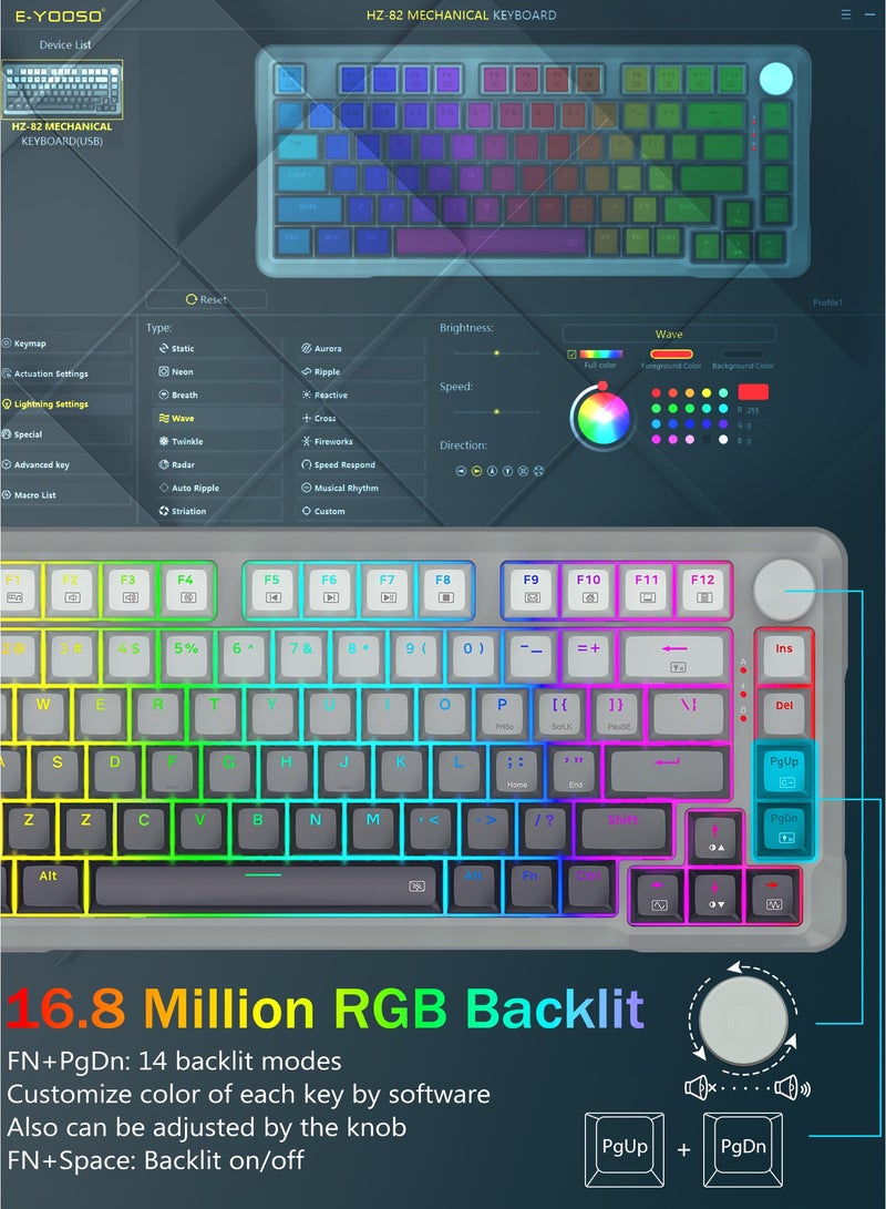 إي-يوسو لوحة مفاتيح ألعاب سلكية HE 75% مع مفاتيح PBT مغناطيسية، إضاءة خلفية RGB، معدل استعلام 8 كيه هرتز، وضع إطلاق سريع، مقبض صوت، مناسبة للاستخدام اليومي وأجهزة الكمبيوتر وماك، رمادي متدرج - Image 5
