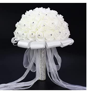 FIDDY898 Wedding Bridal Bouquet Crystal Ribbon Rhinestone Wedding Bridesmaid Bouquet Bridal Artificial Flowers for Wedding White Small Size 2024 - Image 1