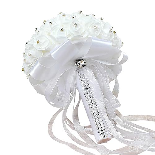 FIDDY898 Wedding Bridal Bouquet Crystal Ribbon Rhinestone Wedding Bridesmaid Bouquet Bridal Artificial Flowers for Wedding White Small Size 2024 - Image 4