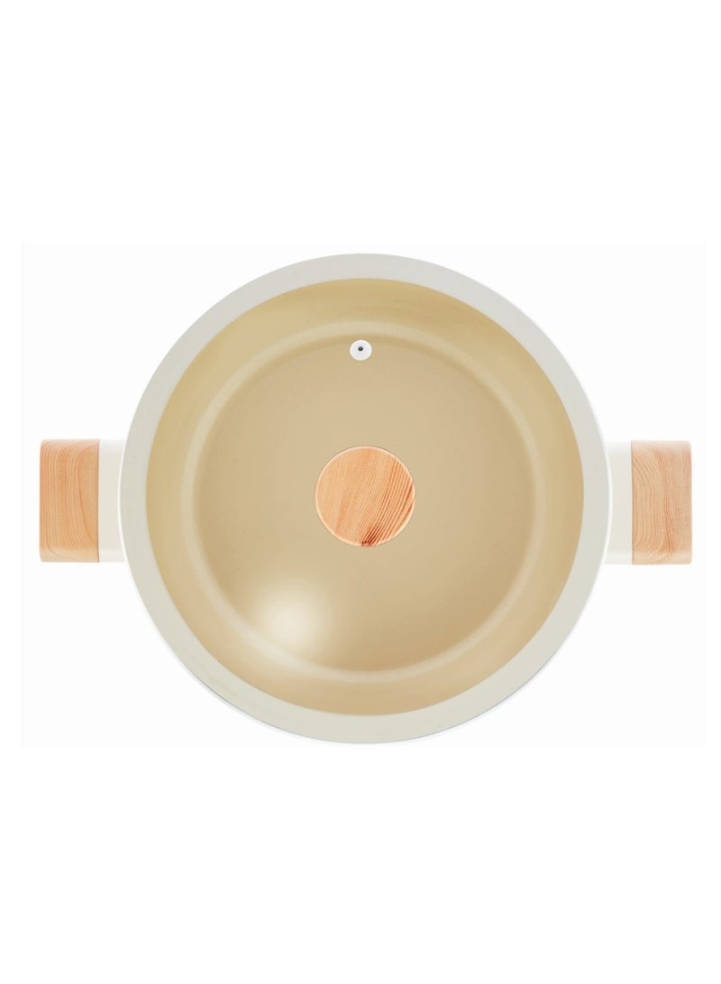 Homemaker Swiss Crystal High Quality Ceramic Coating Non-Stick Casserole - 26cm- Glass Lid With Protective Silicon Edge - Natural Wood Handles and Knob - Beige  - Image 2