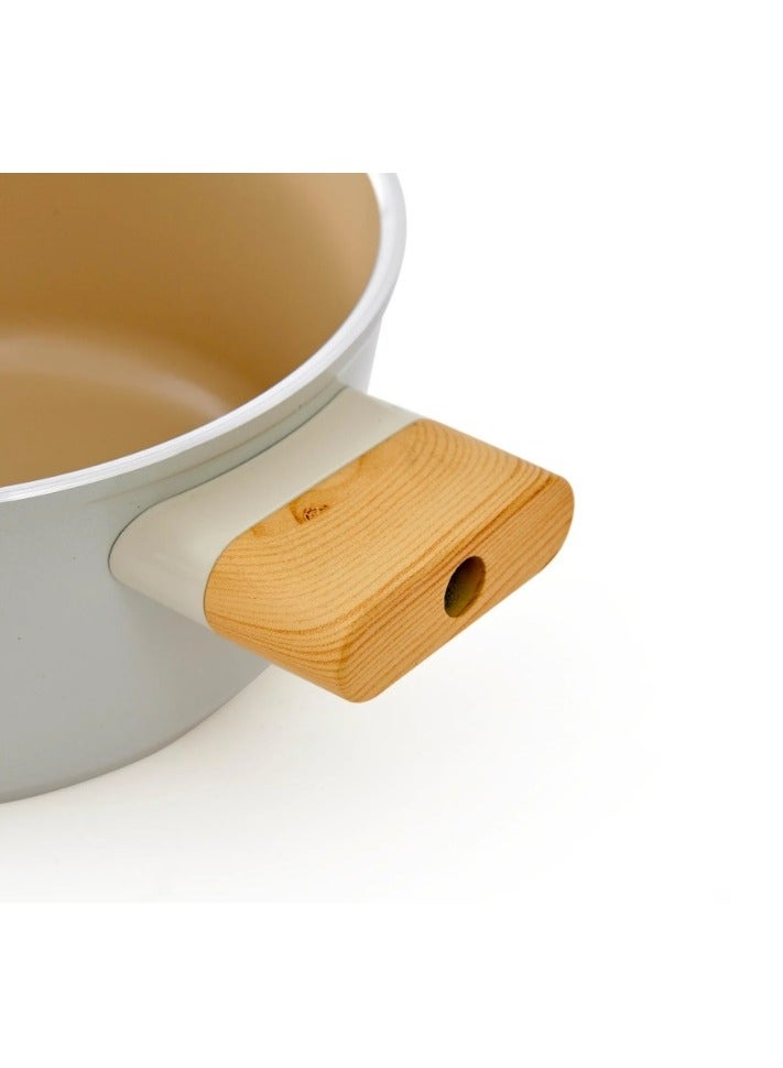 Homemaker Swiss Crystal High Quality Ceramic Coating Non-Stick Casserole - 26cm- Glass Lid With Protective Silicon Edge - Natural Wood Handles and Knob - Beige  - Image 3