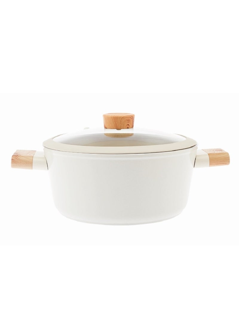 Homemaker Swiss Crystal High Quality Ceramic Coating Non-Stick Casserole - 26cm- Glass Lid With Protective Silicon Edge - Natural Wood Handles and Knob - Beige  - Image 1