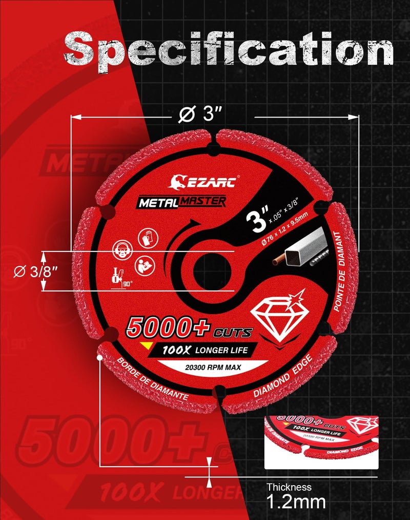 EZARC Diamond Cutting Wheel 3 x 3/8 Inch for Metal, Cut Off Wheel with 5000+ Cuts on Rebar, Steel, Iron and INOX - Image 4