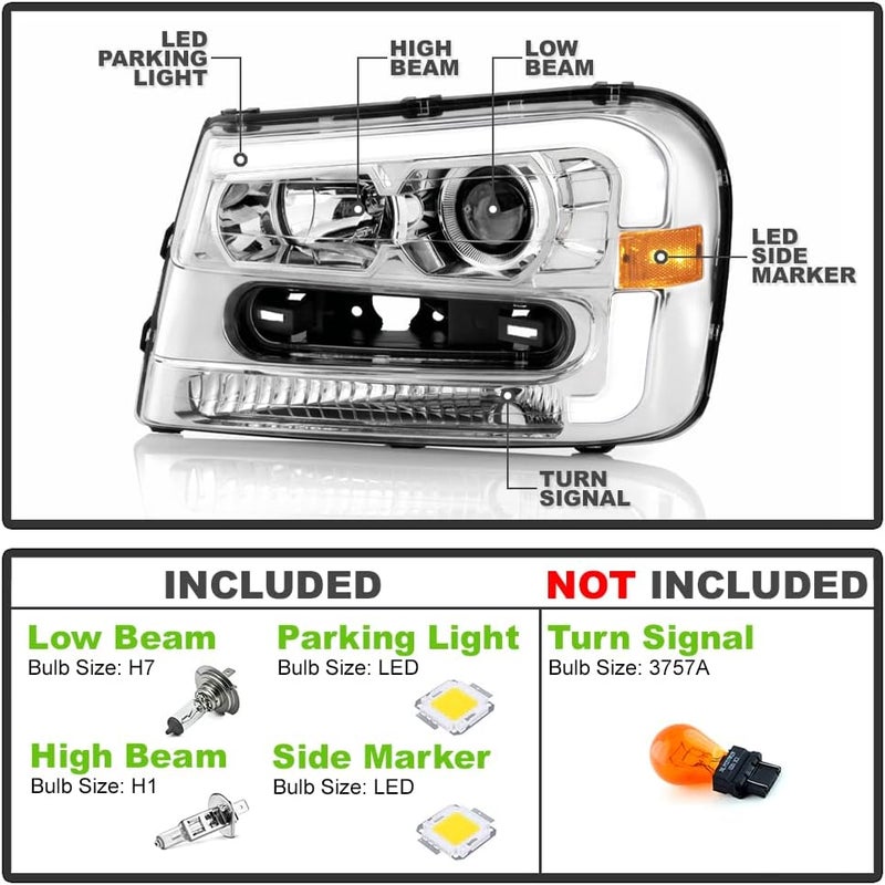 ACANII Chrome LED Tube Projector Headlights for 2002-2009 Chevy Trailblazer - Image 2