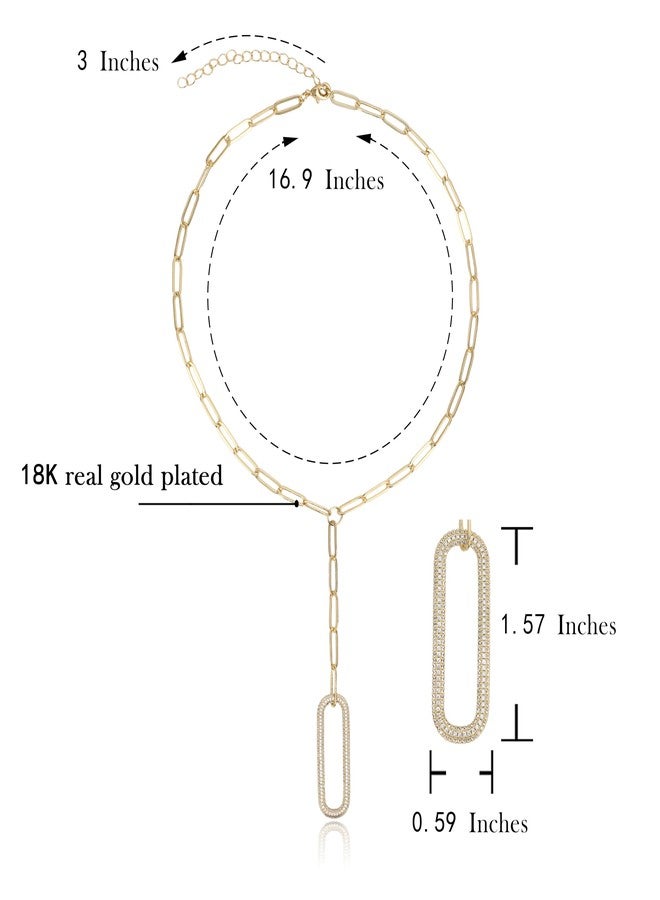 Vintage Havana Paperclip Chain Necklace 18K Gold Plated Pave Cubic Zirconia | Lariat Necklace | Additional 3” Extender Included | Non Tarnish & Waterproof | Hypoallergenic |Gift For Her - Image 3