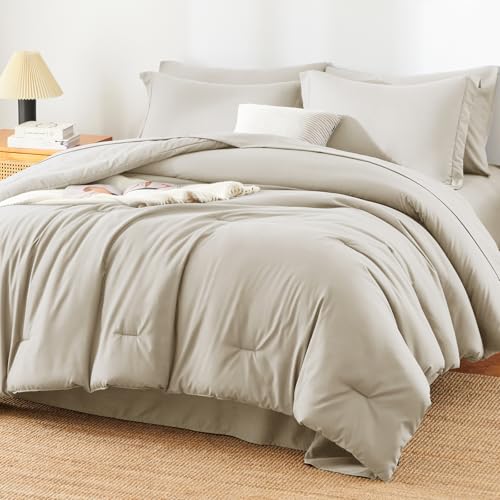 HIMEET Queen Comforter Set - 7 Pieces Bed in a Bag Queen Size, Luxury Comforter Set with Sheets for All Season, Bed Set with Comforter, Flat Sheet, Fitted Sheet, Pillowcases & Shams, Beige - Image 1