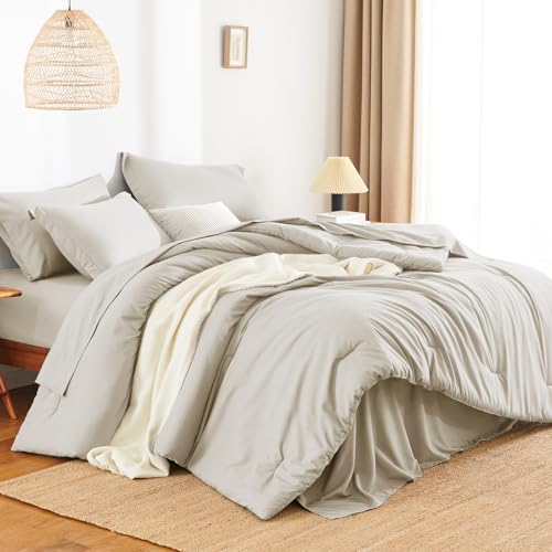 HIMEET Queen Comforter Set - 7 Pieces Bed in a Bag Queen Size, Luxury Comforter Set with Sheets for All Season, Bed Set with Comforter, Flat Sheet, Fitted Sheet, Pillowcases & Shams, Beige - Image 3