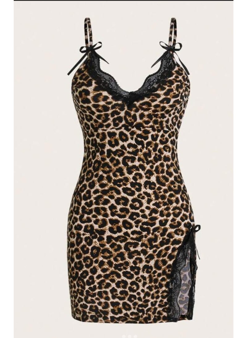 Sleek Camisole Sleep Dress With A Stylish Leopard Print Lace and a Slit Design For Women Fit Small to Medium