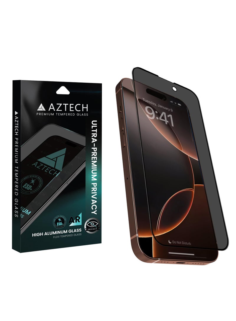 Aztech حامي شاشة AZTECH لجهاز iPhone 16 Pro 6.3 بوصة مضاد للتجسس زجاج مقسى خالي من الفقاعات تغطية عالية الدقة تركيب سهل (أسود للخصوصية، iPhone 16 Pro 6.3 بوصة) - Image 1
