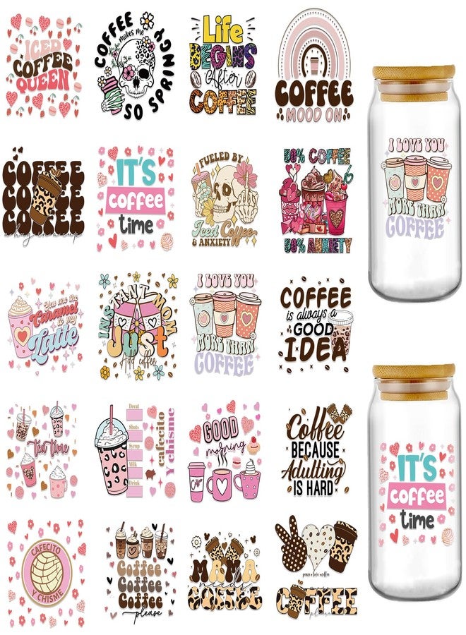 AFRITEE Funny Coffee UV DTF Decals - 20 Sheets I Love You More Than Coffee Fun Uvdtf Cup Wraps for 16 oz Glass Water Bottle, Milk Tea Ice Cream Flower Transfer Stickers DIY Mug Craft Decals Decor Gift for Mom - Image 1