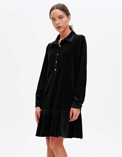 YEXPINE Women's Fall Velvet Dress V Neck Button Down Tunic Shift Dress Flowy Rufflle Hem Mini Party Dresses with Pockets Black - Image 2