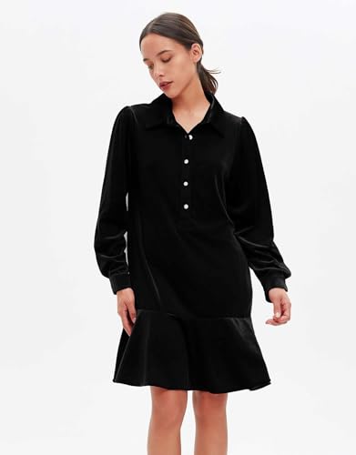 YEXPINE Women's Fall Velvet Dress V Neck Button Down Tunic Shift Dress Flowy Rufflle Hem Mini Party Dresses with Pockets Black - Image 3