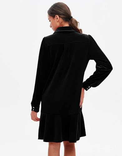 YEXPINE Women's Fall Velvet Dress V Neck Button Down Tunic Shift Dress Flowy Rufflle Hem Mini Party Dresses with Pockets Black - Image 5
