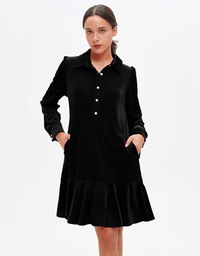 YEXPINE Women's Fall Velvet Dress V Neck Button Down Tunic Shift Dress Flowy Rufflle Hem Mini Party Dresses with Pockets Black - Image 4