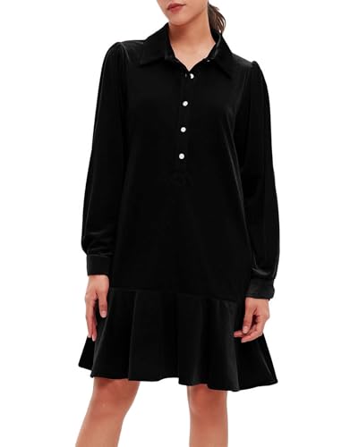 YEXPINE Women's Fall Velvet Dress V Neck Button Down Tunic Shift Dress Flowy Rufflle Hem Mini Party Dresses with Pockets Black - Image 1