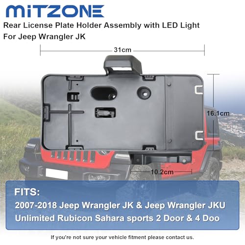 MITZONE Backup License Plate Frame Holder Bracket Assembly with Light Lamp Black Rear Compatible with 2007-2018 Jeep Wrangler JK Accessories Replacs# 68064720AA - Image 3