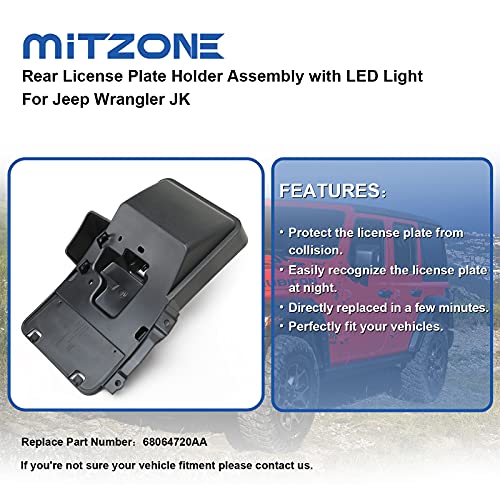 MITZONE Backup License Plate Frame Holder Bracket Assembly with Light Lamp Black Rear Compatible with 2007-2018 Jeep Wrangler JK Accessories Replacs# 68064720AA - Image 4