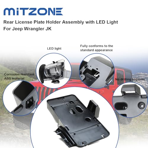 MITZONE Backup License Plate Frame Holder Bracket Assembly with Light Lamp Black Rear Compatible with 2007-2018 Jeep Wrangler JK Accessories Replacs# 68064720AA - Image 5