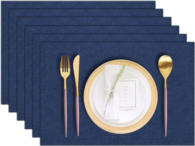 LANDVIEW Cloth Placemats Set of 6, Cotton Linen Blend Machine Washable Durable Linen Table Mats, Heat Resistant Placemats Wrinkle Free Place Mats for Dining Table, Easy to Clean (Navy Blue, 6) - Image 1