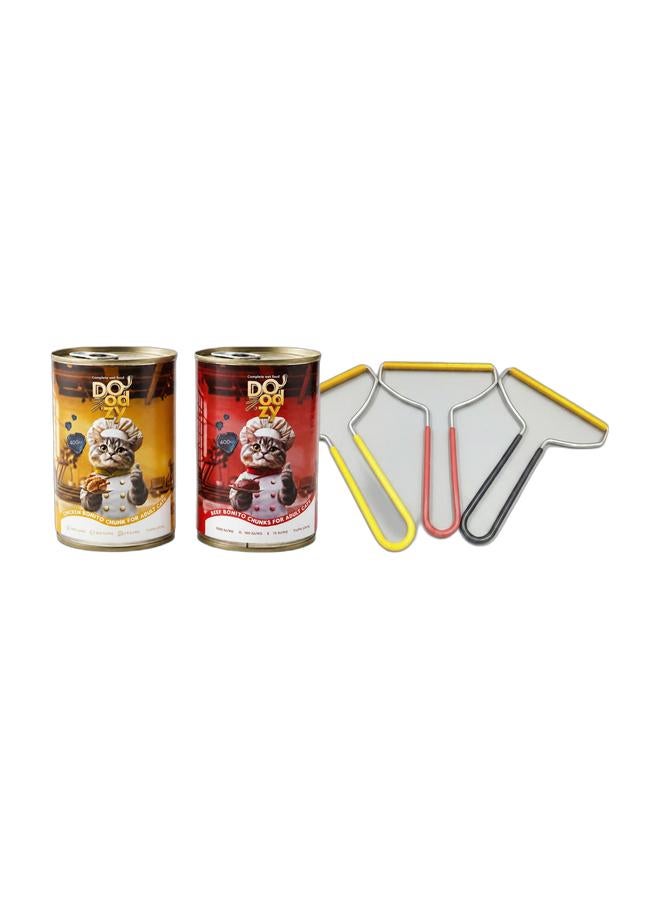 Doodzy Wet Cat Food doodzy for Adult Cats 2 cans (Chicken & Beef with Bonito) - 400g & Pet Hair & Lint Remover for Carpets and Upholstery – Durable Metal Design 1 piece Bundle - Image 1