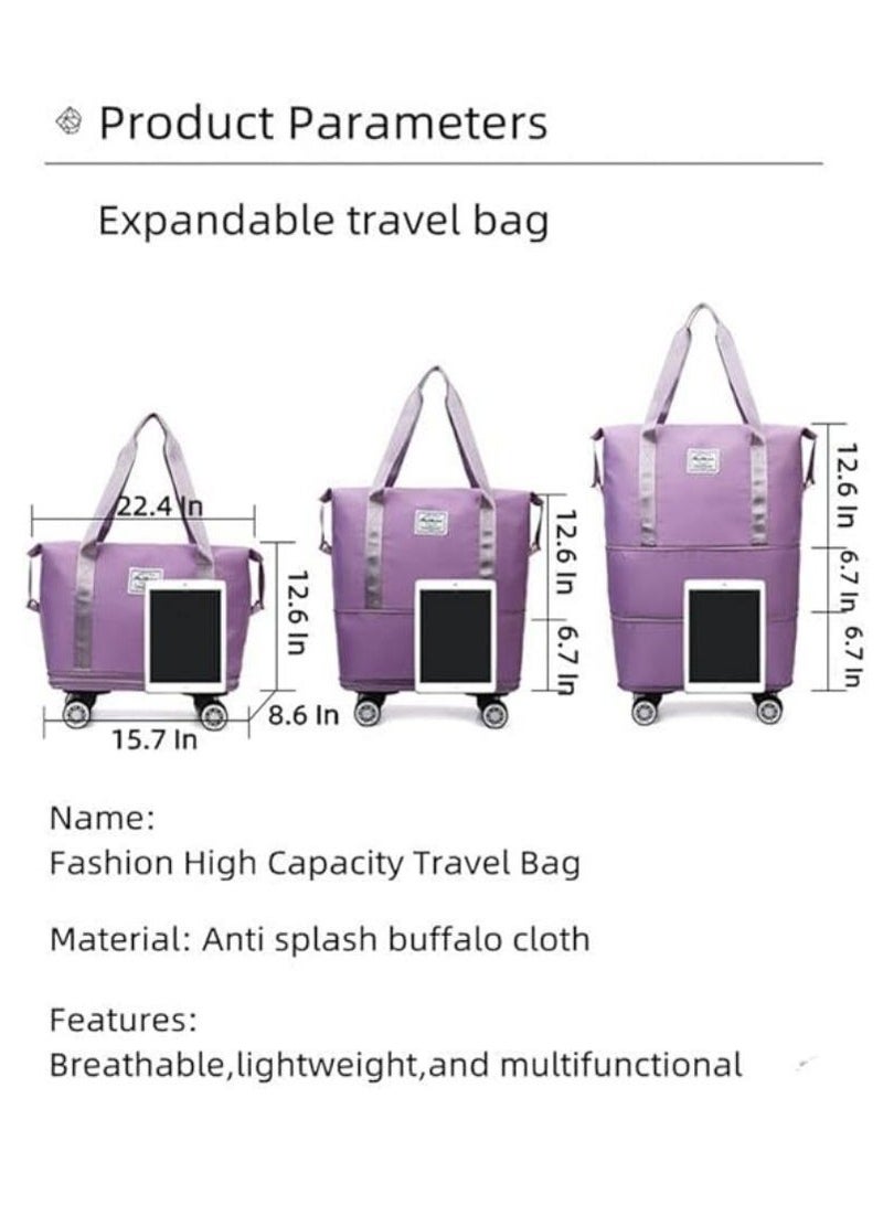 DUNISO Duffel Bag Double Layer Expandable And With Detachable Universal Wheels, Foldable Duffel bag, Large Capacity Fashionable Travel Bag With Wheels (Dark Purple) - Image 4