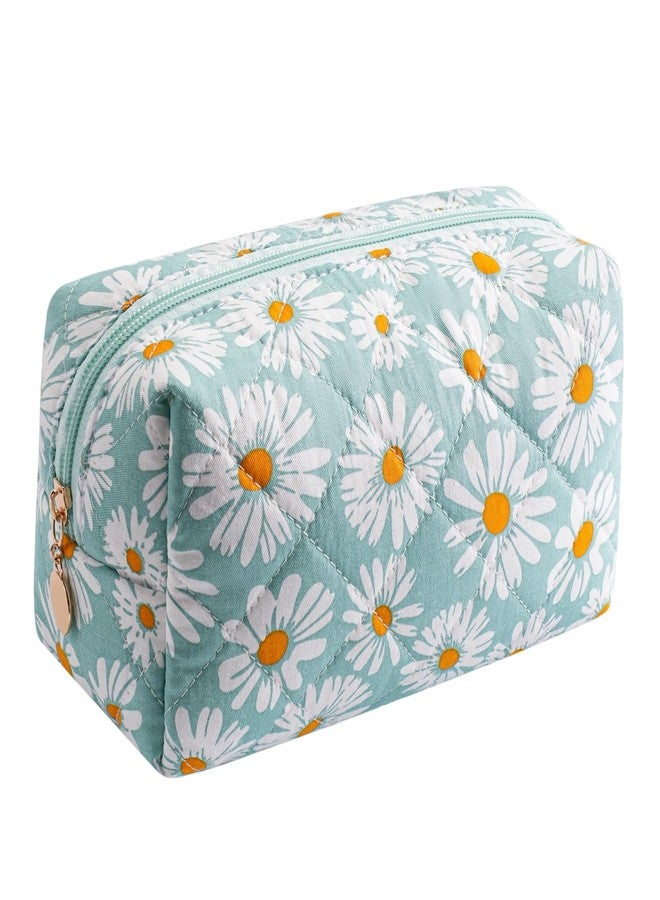 WHHJM Cute Daisy Makeup Bag Small Cotton Quilted Floral Cosmetic Bag Travel Make Up Pouch Toiletry Organizer Gift for Women Girls (Green) - Image 1