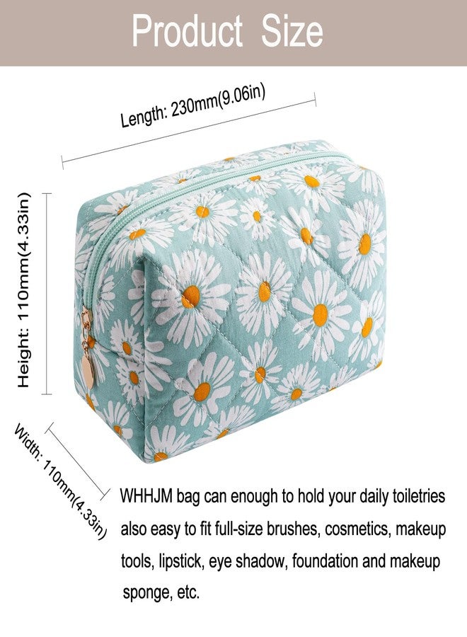 WHHJM Cute Daisy Makeup Bag Small Cotton Quilted Floral Cosmetic Bag Travel Make Up Pouch Toiletry Organizer Gift for Women Girls (Green) - Image 4