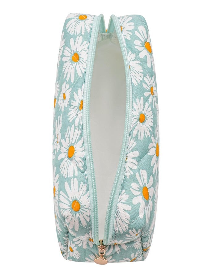 WHHJM Cute Daisy Makeup Bag Small Cotton Quilted Floral Cosmetic Bag Travel Make Up Pouch Toiletry Organizer Gift for Women Girls (Green) - Image 2