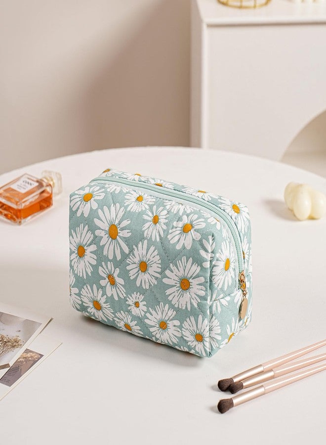WHHJM Cute Daisy Makeup Bag Small Cotton Quilted Floral Cosmetic Bag Travel Make Up Pouch Toiletry Organizer Gift for Women Girls (Green) - Image 3