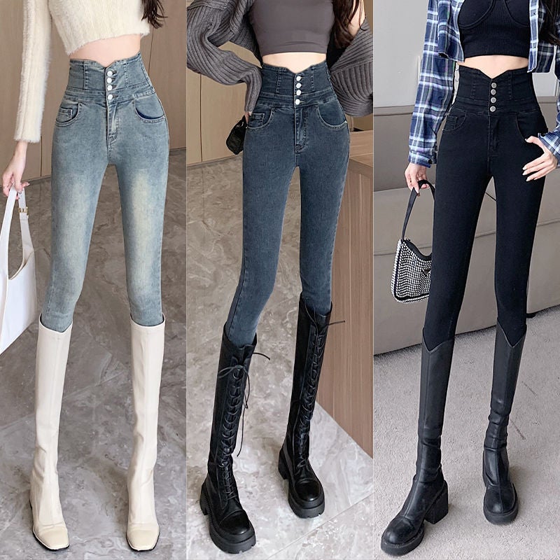 High Waist Skinny Jeans Women'S Fleece-Lined Slim-Fit Slimming All-Match Black Tight Pencil Pants - Image 2