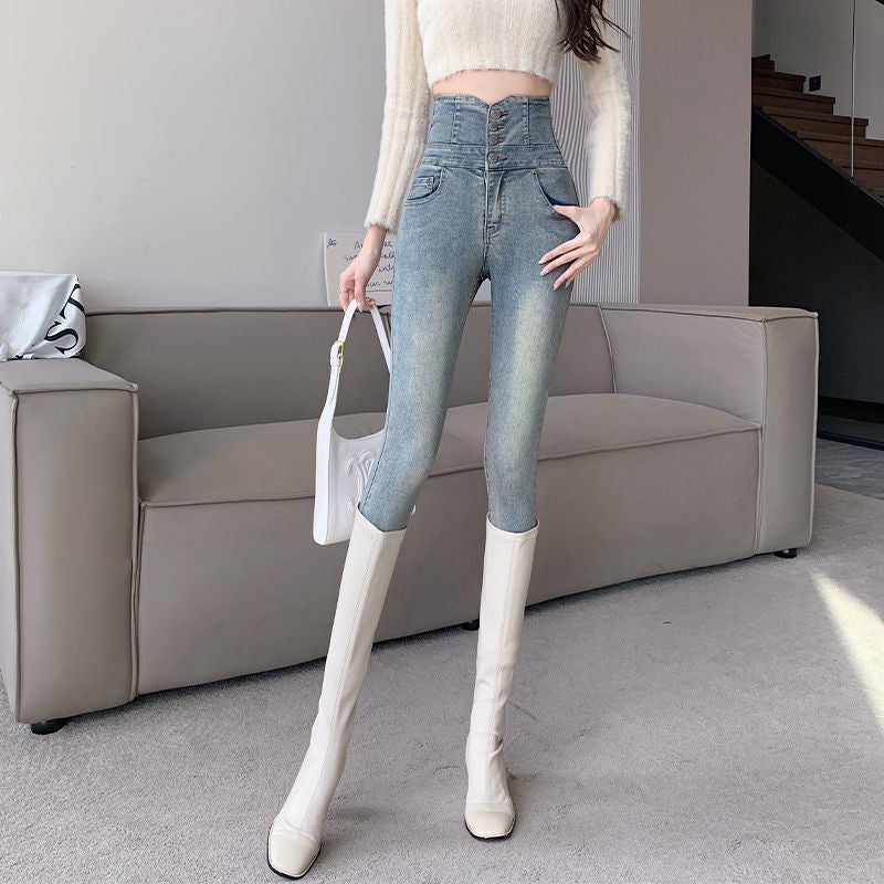 High Waist Skinny Jeans Women'S Fleece-Lined Slim-Fit Slimming All-Match Black Tight Pencil Pants - Image 5