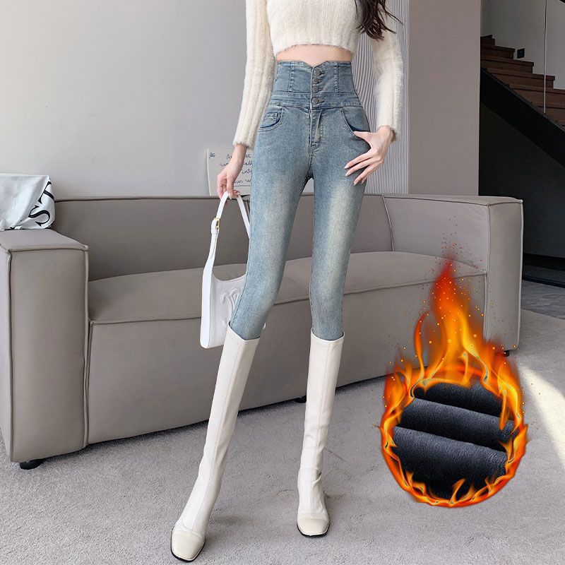High Waist Skinny Jeans Women'S Fleece-Lined Slim-Fit Slimming All-Match Black Tight Pencil Pants - Image 1