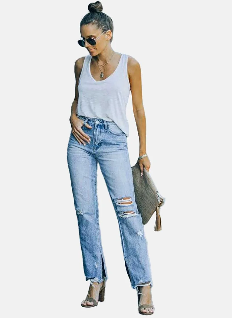 YUNIQEE Blue Straight Fit Highly Distressed High-Rise Jeans