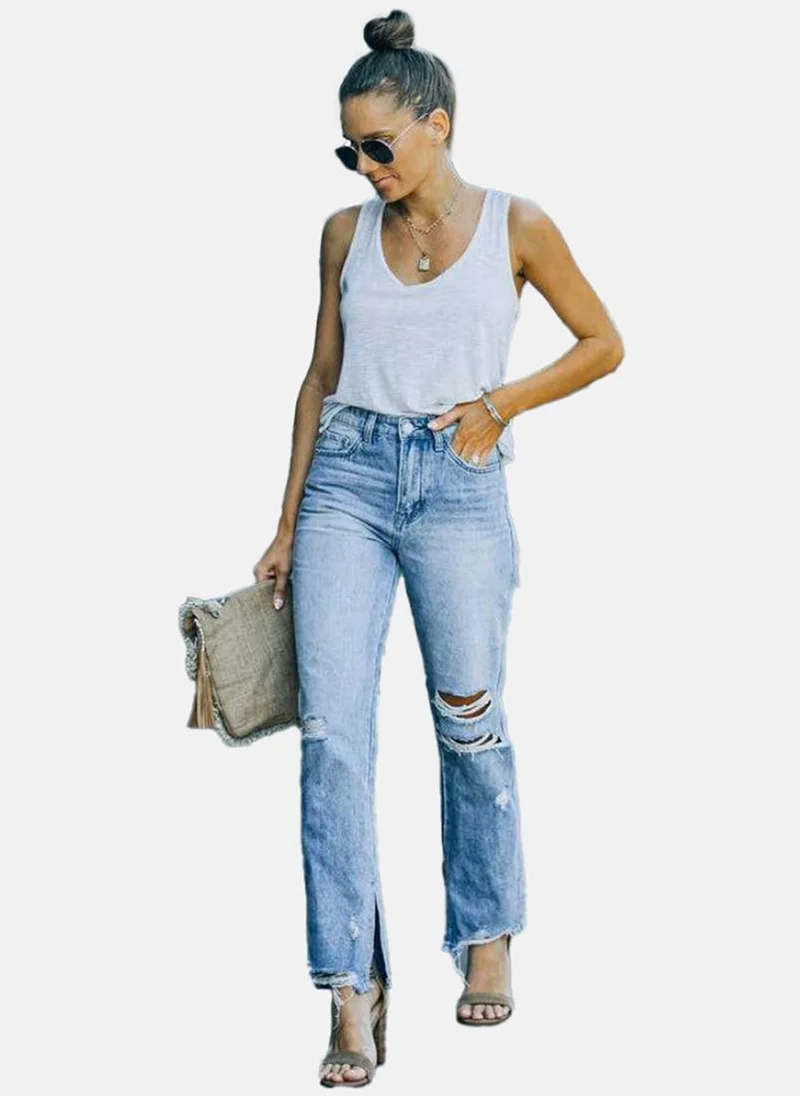 YUNIQEE Blue Straight Fit Highly Distressed High-Rise Jeans