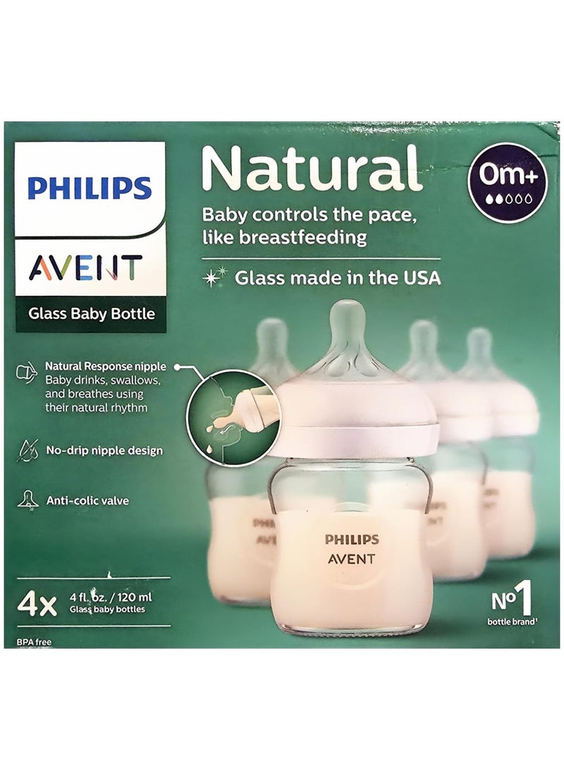 Avent Philips AVENT Glass Pack Of 4 Natural Baby Bottle with Natural Response, Clear, 120ml - Image 1