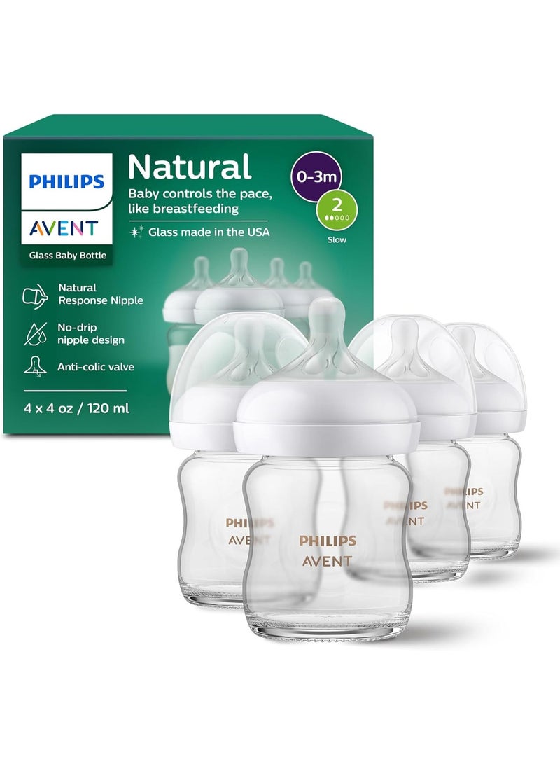 Avent Philips AVENT Glass Pack Of 4 Natural Baby Bottle with Natural Response 0M+, Clear, 120ml - Image 1