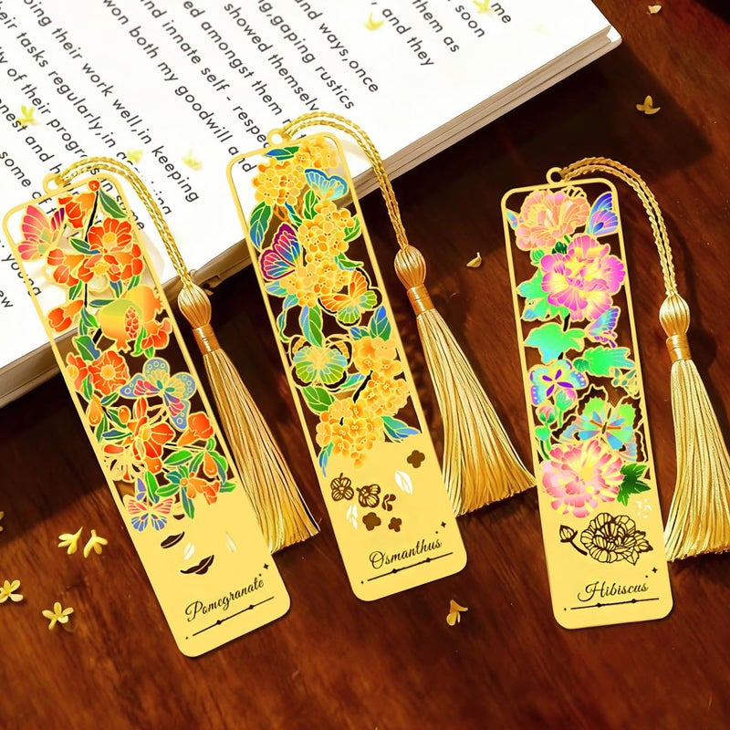 Kinsound 3pcs Metal Flower Bookmarks with Tassel for Reading Women, Pretty Cute Book Markers for Women, Men, Kids, Book Lovers, Reading Accessories Gifts for Book Loversï¼ˆStyle -Aï¼‰ - Image 1