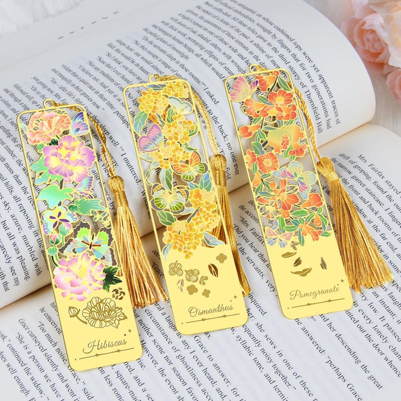 Kinsound 3pcs Metal Flower Bookmarks with Tassel for Reading Women, Pretty Cute Book Markers for Women, Men, Kids, Book Lovers, Reading Accessories Gifts for Book Loversï¼ˆStyle -Aï¼‰ - Image 2