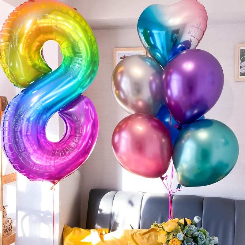 PatiCool Rainbow Number 8 Balloon, 40 Inch Large Number Foil Mylar Balloons for 8th Girl Boy Birthday Party Celebration Decorations Supplies, Digital Balloons for Wedding Anniversary Events Decora - Image 3
