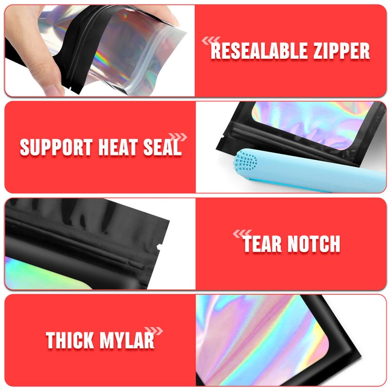 Funfery 300 Pack 3 Size Mylar Holographic Bags with Clear Window,Resealable Bag Smell Proof Bags Zipper Foil Baggie Packaging Pouch for Food Storage,Sample,Small Business(Black,3x4.7,4x6,4.7x7.9in) - Image 5