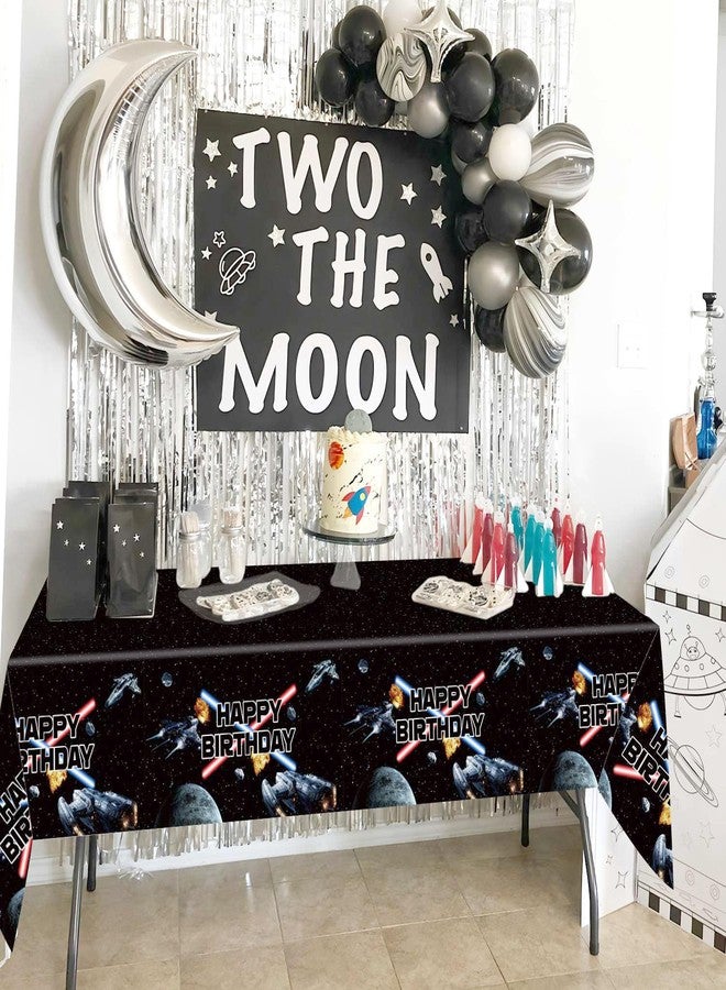 هيبولاند طقم زينة لحفلات أعياد الميلاد مكون من 3 قطع، مفرش طاولة مستطيل الشكل من البلاستيك، مقاس كبير 54 × 108 بوصة، بتصميم مستوحى من سفن الفضاء، مناسب لتزيين حفلات الأولاد والأطفال. - Image 3