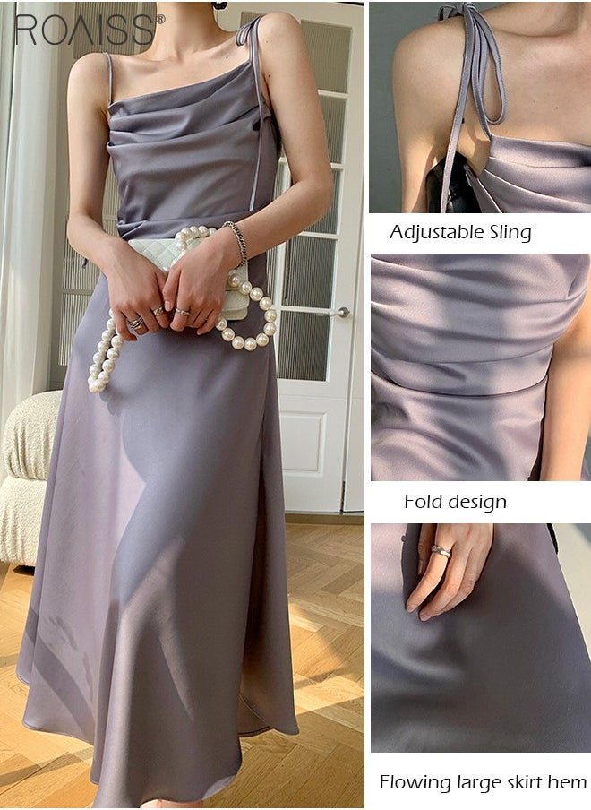 roaiss - Fashionable Satin Suspender Dress For Women'S Daily Commuting Vacation Chest Pleated Large Skirt Adjustable Shoulder Strap Dress - Image 1