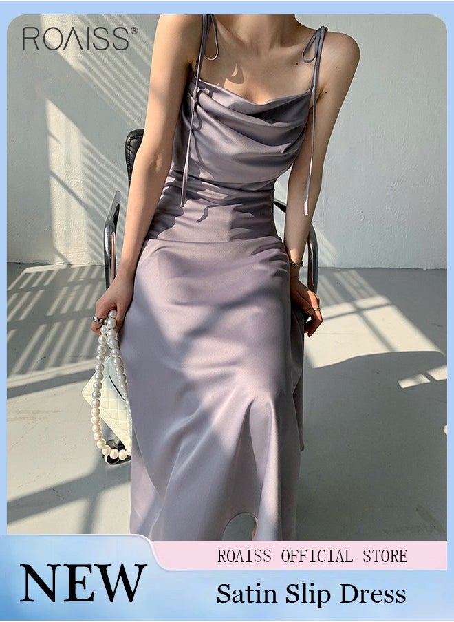 roaiss - Fashionable Satin Suspender Dress For Women'S Daily Commuting Vacation Chest Pleated Large Skirt Adjustable Shoulder Strap Dress - Image 1