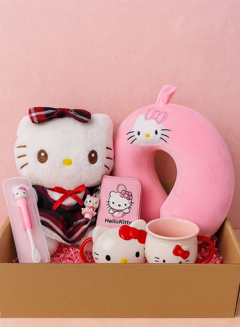هالو كيتي بوكس هدايا Hello Kitty الفاخر – دمية ناعمة + وسادة رقبة مريحة + كوب لطيف + محفظة بناتية + فرشاة أسنان كيوت | هدية متكاملة وجاهزة للتقديم لمحبات هيلو كيتي
