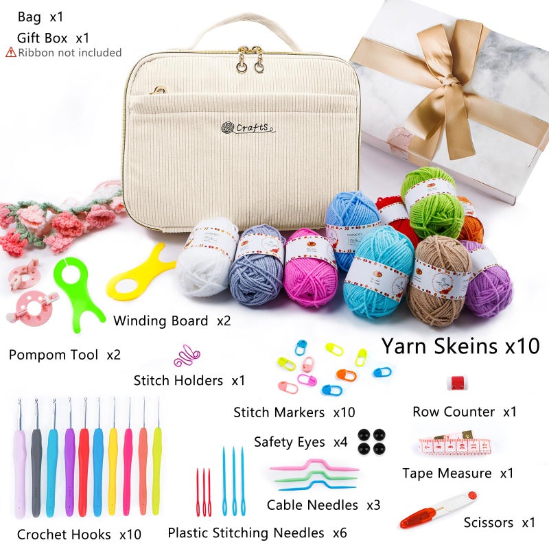 MYBAGZING Crochet Kit for Beginners with Yarn Storage Bag, 10pcs Crochet Hooks 2.0-6.0 mm, 10 Skeins Yarn for Crocheting, Knitting Accessories, 58pc Crochet Starter Kit for Adults - Image 2