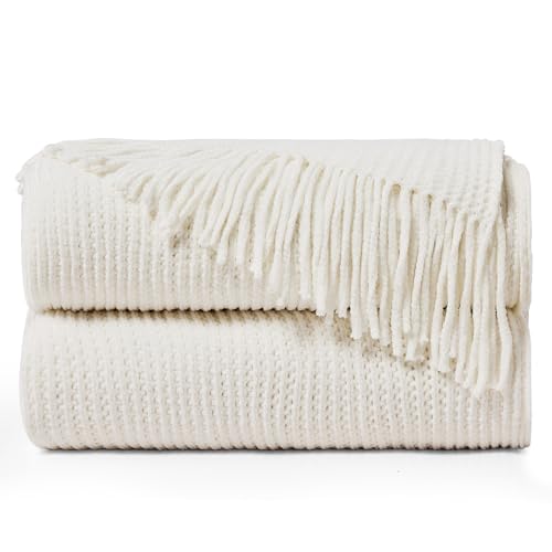 inhand Throw Blanket for Couch BedChunky Chenille Woven Soft Blankets with TasselsCozy Boho Farmhouse Spring Summer Fall DecorWarm Knitted Gifts for Women50x60Medium ThickOff White - Image 1